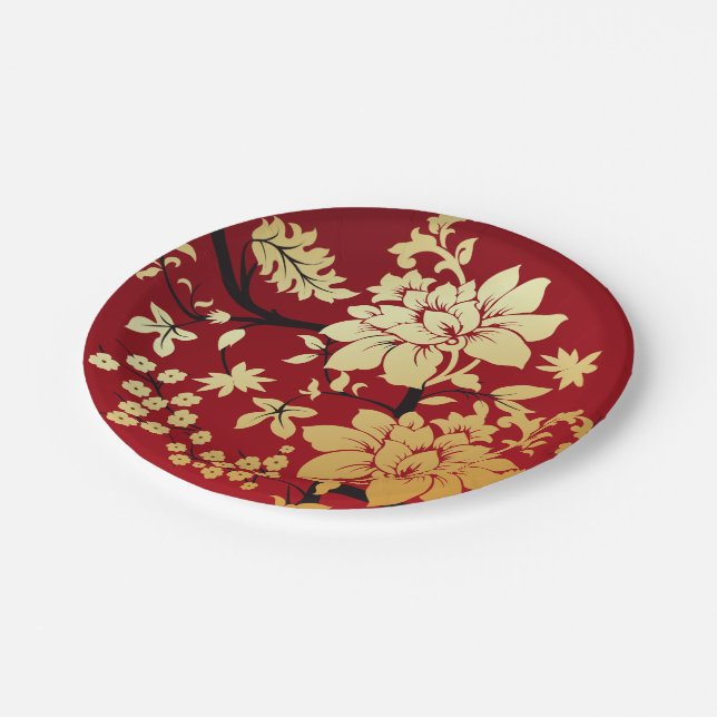 Oriental Golden Flowers on Red Paper Plates (Angled)