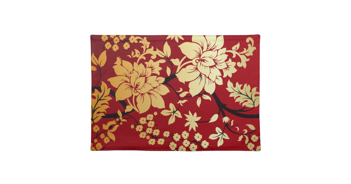 Oriental Golden Flowers on Red Placemat Zazzle