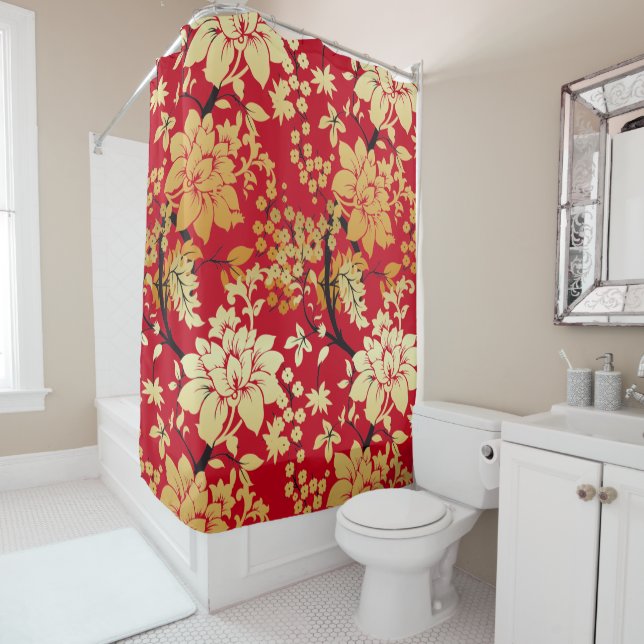 Oriental Golden Flowers on Red Shower Curtain (In Situ)