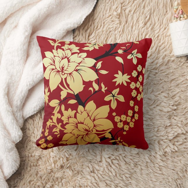 Oriental Golden Flowers on Red Throw Pillow (Blanket)