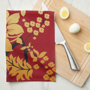 Oriental Golden Flowers on Red Towel