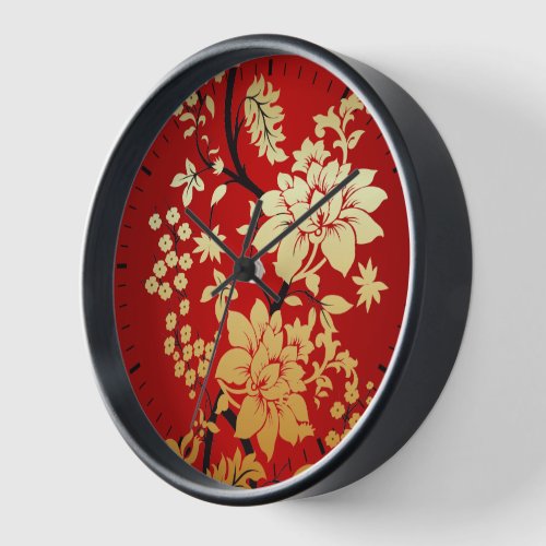 Oriental Golden Flowers on Red Wall Clock