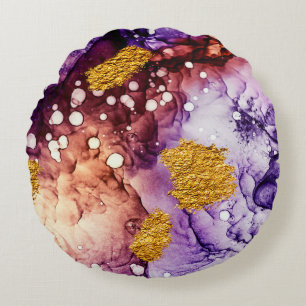 Oriental Golden Swirls Abstract Painting Round Pillow