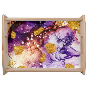 Oriental Golden Swirls Abstract Painting Serving Tray