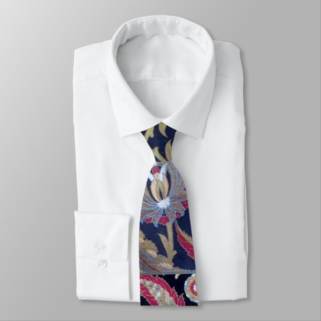 ORIENTAL GREEN & BLACK BLUE DAMASK FLOWERS ,LEAVES NECK TIE (Tied)