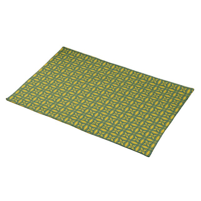 Oriental Green Mustard Japan Rosette Circle Repeat Cloth Placemat (On Table)