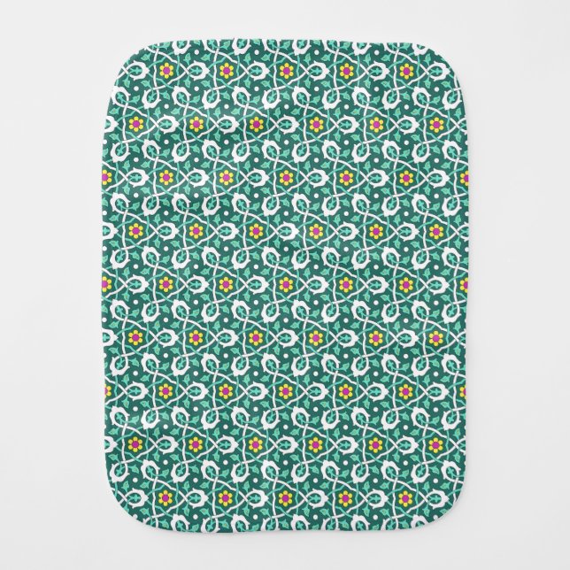 Oriental Green White Ottoman Turkish Floral Style Baby Burp Cloth (Front)
