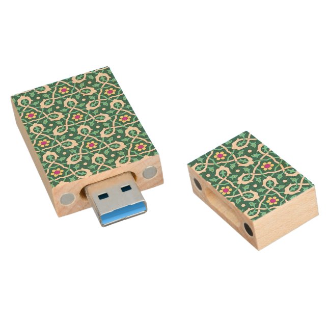 Oriental Green White Ottoman Turkish Floral Style Wood Flash Drive (Angled)