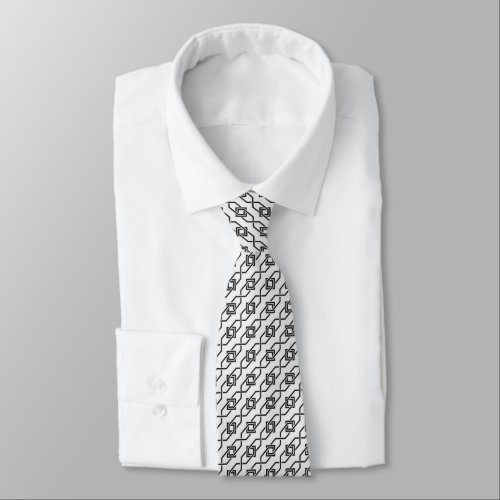 Oriental Grey White Japan Yukata Geometric Pattern Neck Tie