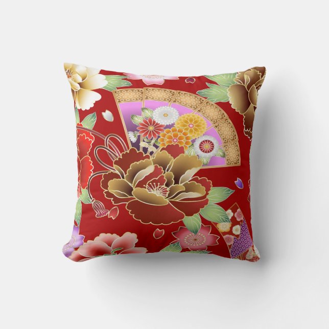 Oriental hand fan japanese floral throw pillow (Front)
