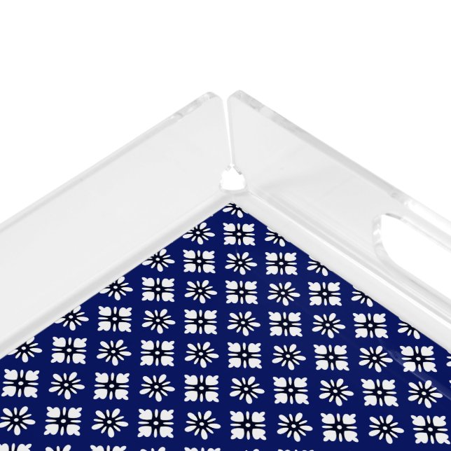 Oriental Indigo Blue White Katazome Flower Pattern Acrylic Tray (Corner)