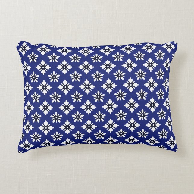 Oriental Indigo White Katazome Flowers Pattern Accent Pillow (Front)