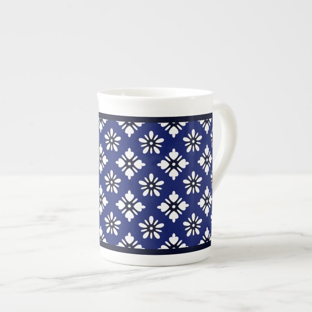 Oriental Indigo White Katazome Flowers Pattern Bone China Mug (Front Right)