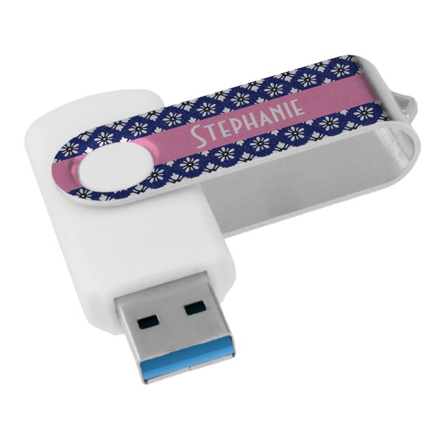 Oriental Indigo White Katazome Flowers Pattern Flash Drive (Angled)