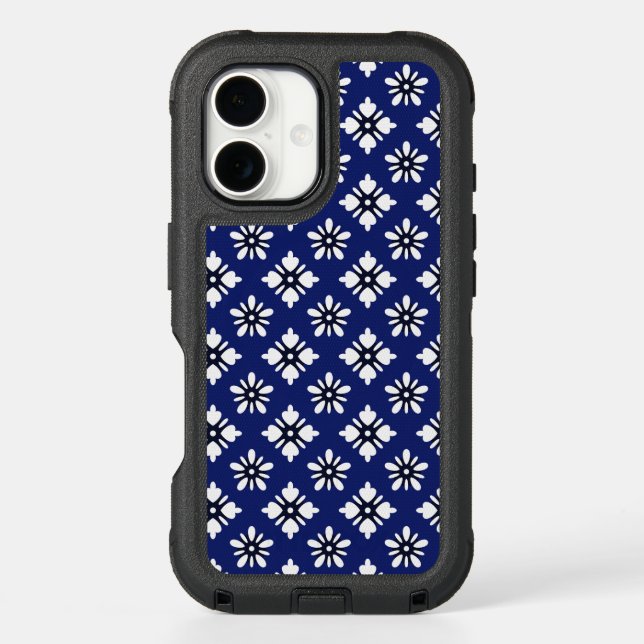 Oriental Indigo White Katazome Flowers Pattern Otterbox iPhone Case (Back)