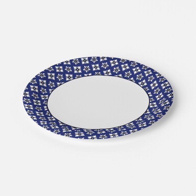 Oriental Indigo White Katazome Flowers Pattern Paper Plates (Angled)