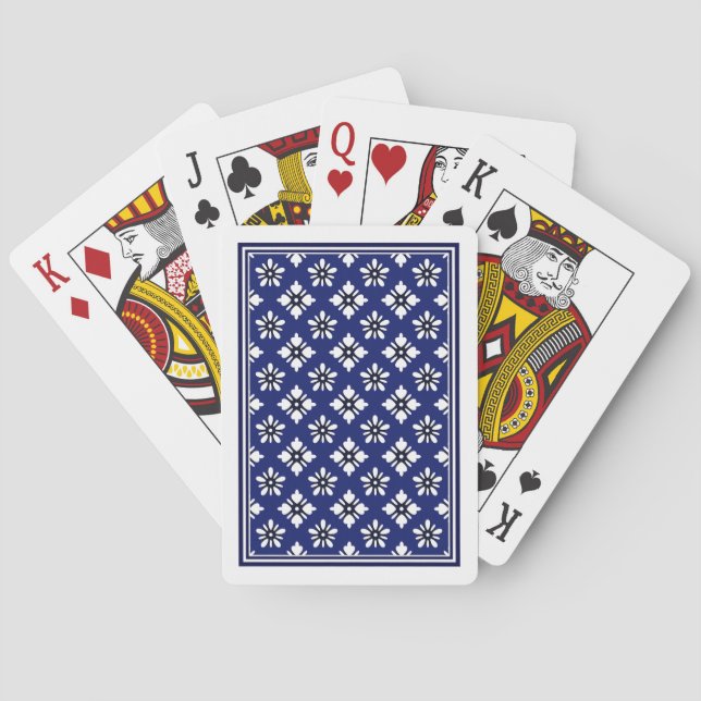 Oriental Indigo White Katazome Flowers Pattern Poker Cards (Back)