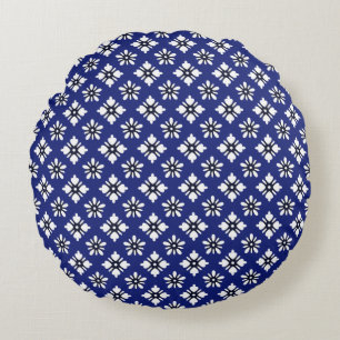 Oriental Indigo White Katazome Flowers Pattern Round Pillow
