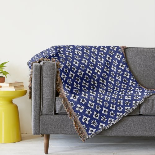 Oriental Indigo White Katazome Flowers Pattern Throw Blanket