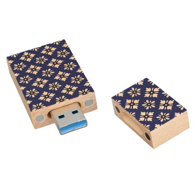 Oriental Indigo White Katazome Flowers Pattern Wood Flash Drive (Angled)