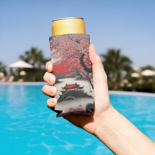 Oriental ink brush drawing Chinese Village Seltzer Can Cooler (In Situ Pool)