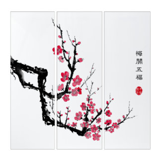 Oriental Ink Wash Painting Plum Blossom Triptych