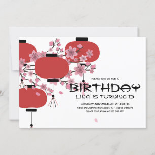 Oriental Japanese Chinese Lamp Sakura Birthday Invitation