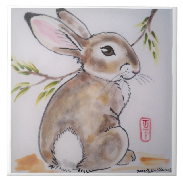Oriental/Japanese design bunny rabbit tile/trivet Ceramic Tile (Front)