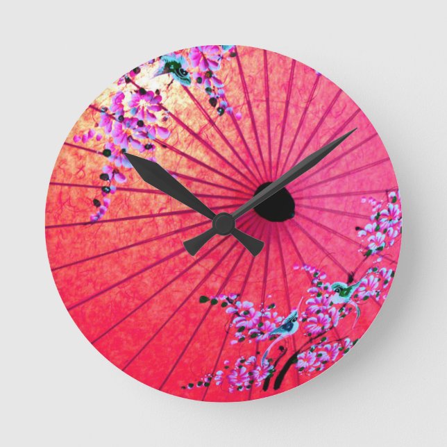 Oriental japanese floral pink parasol round clock (Front)