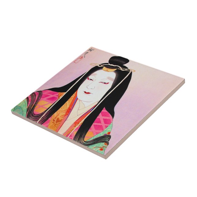 Oriental japanese kabuki actor beautiful lady art ceramic tile (Side)