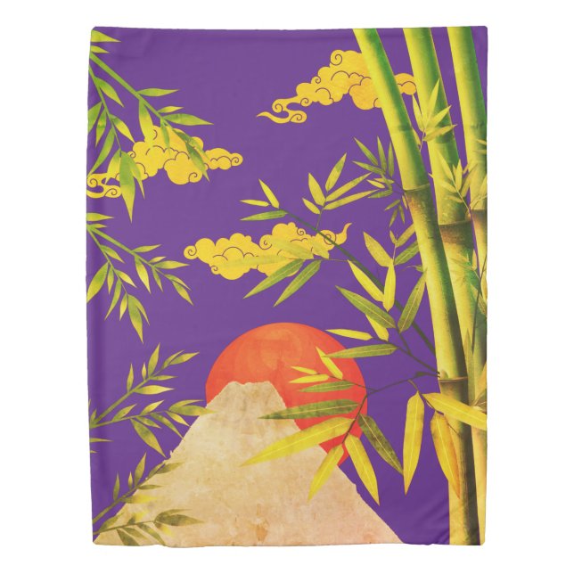 Oriental Japanese Mountain Sunrise With Bamboo Duvet Cover (Front)