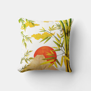 Oriental Japanese Mountain Sunrise With Bamboo Throw Pillow
