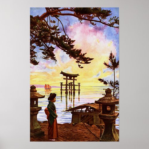 Oriental Japanese Painting Shinto Gate in Water Poster