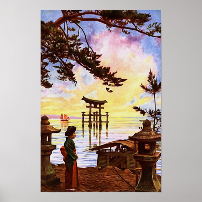 Oriental Japanese Painting Shinto Gate in Water Poster (Front)
