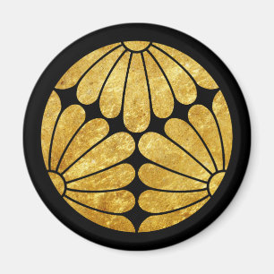 Oriental Kiku Chrysanthemum Mon Faux Gold Black Magnet