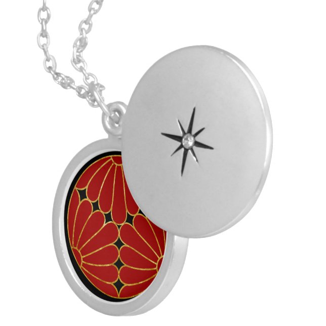 Oriental Kiku Chrysanthemum Mon Red Faux Gold Locket Necklace (Front Right)