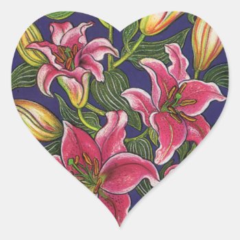 Oriental Lilies Heart Sticker by Youbeaut at Zazzle