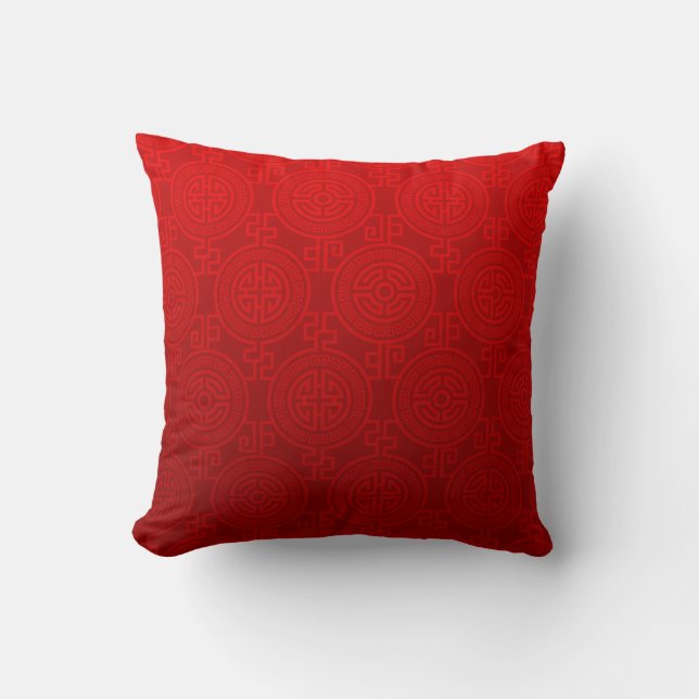 Oriental Long Life Symbol jacquard | red Throw Pillow (Front)