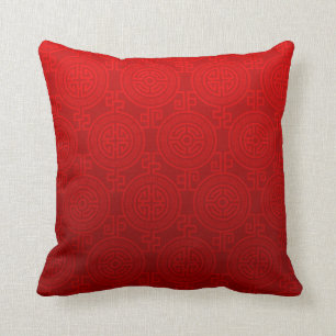 Oriental Long Life Symbol jacquard red Throw Pillow