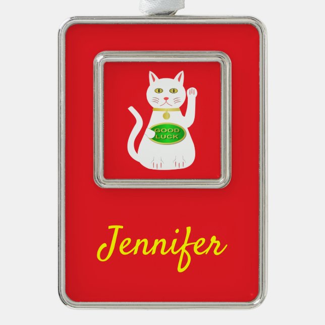 Oriental Lucky Cat Custom Name Christmas Ornament (Front)