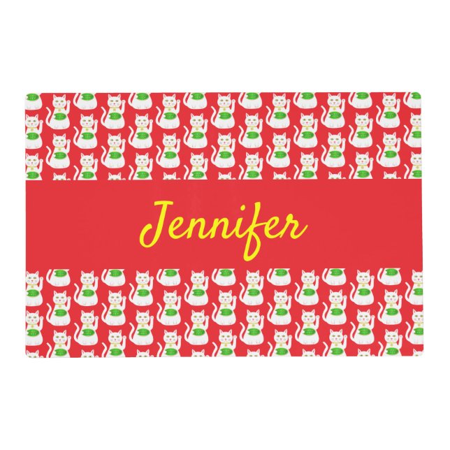 Oriental Lucky Cat Custom Name Placemat (Front)