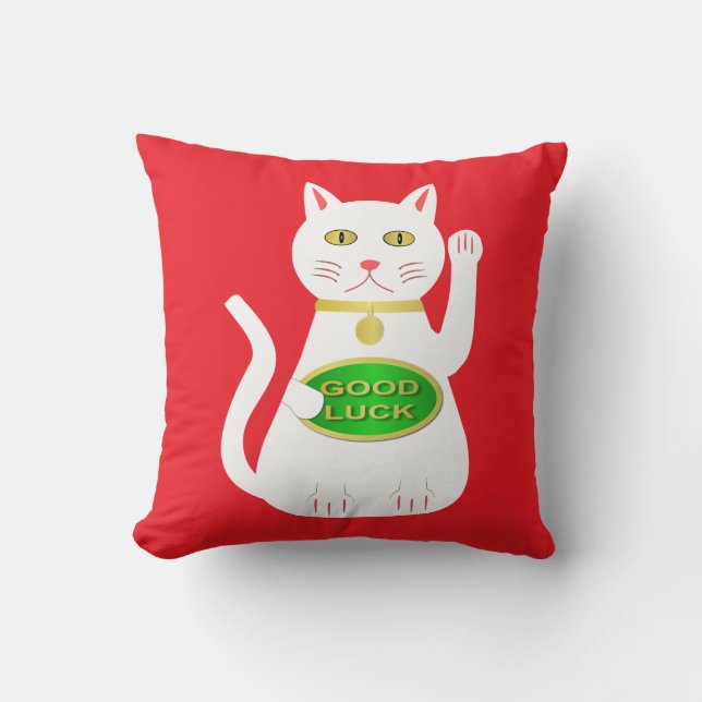 Oriental Lucky Cat Double Sided Patterned Throw Pillow (Front)