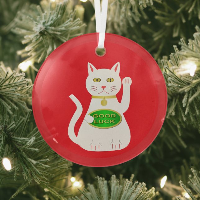 Oriental Lucky Cat Glass Ornament (Insitu)