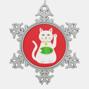 Oriental Lucky Cat Snowflake Pewter Christmas Ornament