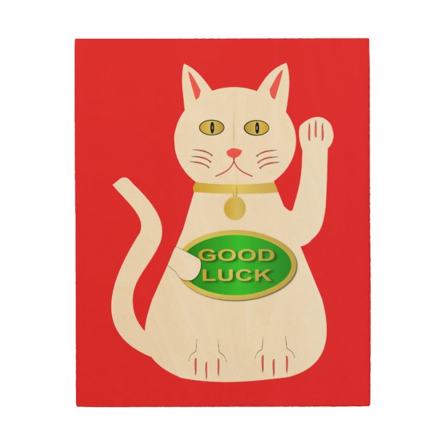 Oriental Lucky Cat Wood Wall Art (Front)