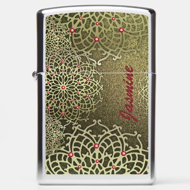 Oriental Luxury Gold Jeweled Mandala & Custom Name Zippo Lighter (Front)