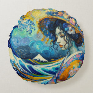 Oriental Maiko Geisha Kanagawa waves Van Gogh mix Round Pillow