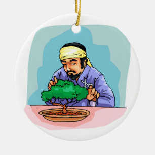 Oriental Man With Headband Trimming Bonsai Ceramic Ornament