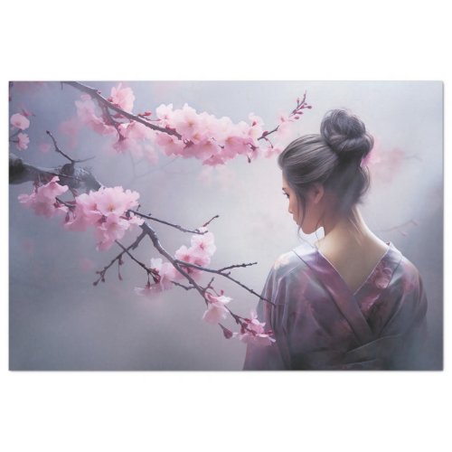 Oriental Misty Geisha and Cherry Blossoms Portrait Tissue Paper