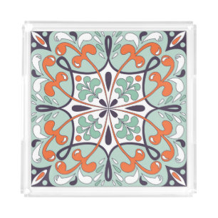 Oriental Moroccan Tile Floral Design Acrylic Tray